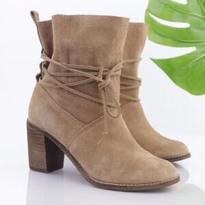 Toms Womens Mila Boots Size 6.5 Tan Suede Bootie Block Heel Slouch Pull On Tie
